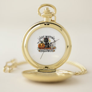 Just Waiting For Halloween Black Cat Lady Ice Coff Pocket Watch