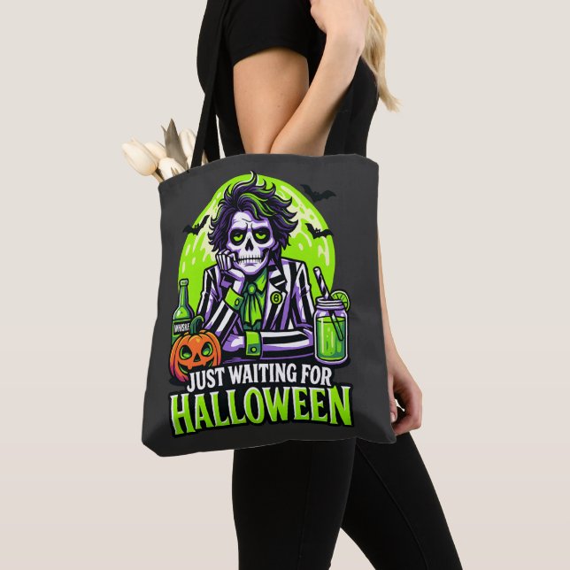 Just Waiting for Halloween – Funny Spooky Season Tote Bag (Close Up)