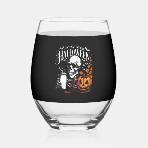 Just Waiting For Halloween Stemless Wine Glass
