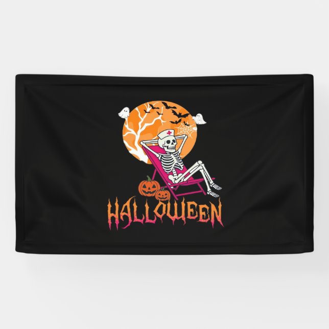 Just Waiting For Halloween Summer Nurse Skeleton P Banner (Horizontal)