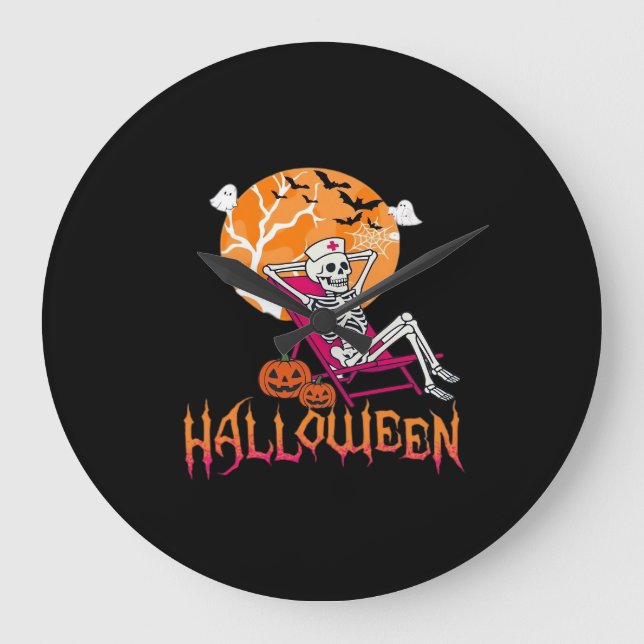 Just Waiting For Halloween Summer Nurse Skeleton P Large Clock (Front)