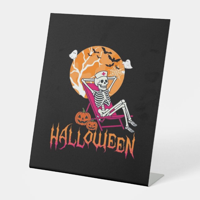 Just Waiting For Halloween Summer Nurse Skeleton P Pedestal Sign (Front)