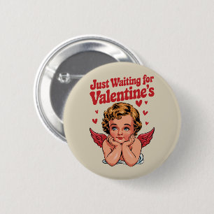 Just Waiting For Valentine's Retro Baby Cupid Love Button
