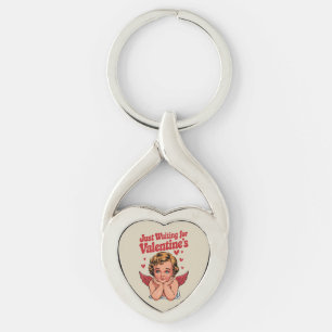 Just Waiting For Valentine's Retro Baby Cupid Love Keychain