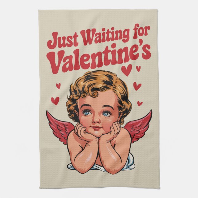 Just Waiting For Valentine's Retro Baby Cupid Love Kitchen Towel (Vertical)
