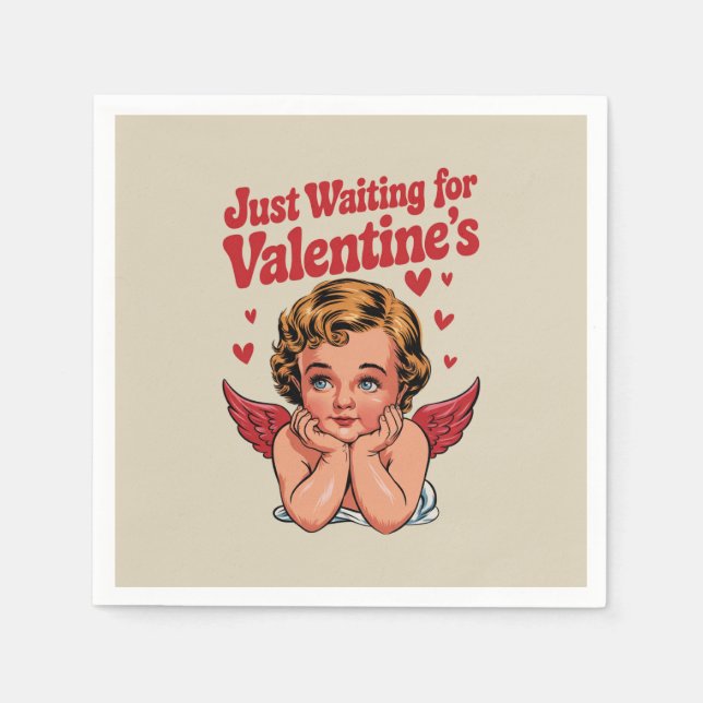 Just Waiting For Valentine's Retro Baby Cupid Love Napkins (Front)