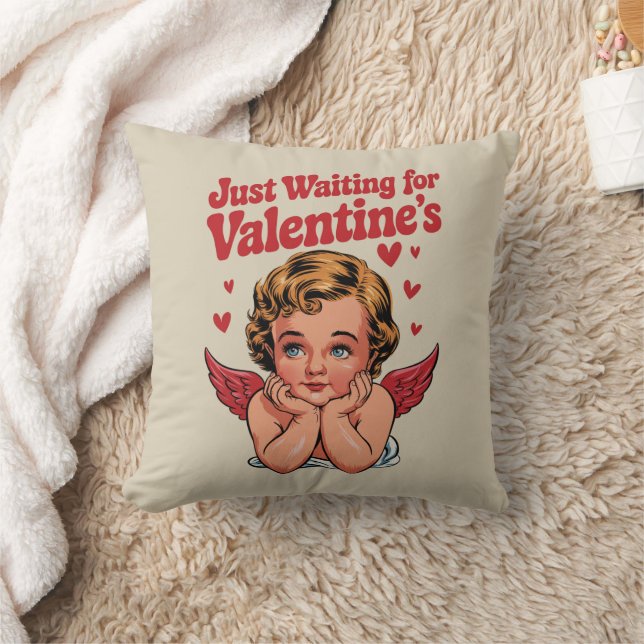 Just Waiting For Valentine's Retro Baby Cupid Love Throw Pillow (Blanket)