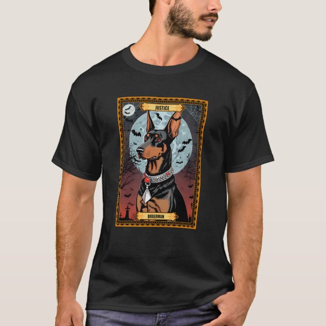 Justice Doberman Halloween Tarot Card T-Shirt (Front)