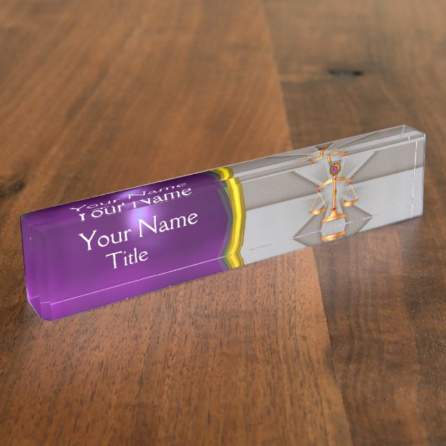 JUSTICE,GOLD SCALES OF LAW,ATTORNEY Purple Grey Name Plate (Side)