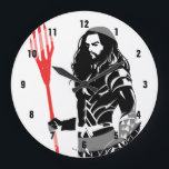 Justice League | Aquaman Pose Noir Pop Art Large Clock<br><div class="desc">Check out this black and white silhouette of Justice League's Aquaman as he stands with his trident. This noir style graphic is accented with his trident colored in bright red.</div>