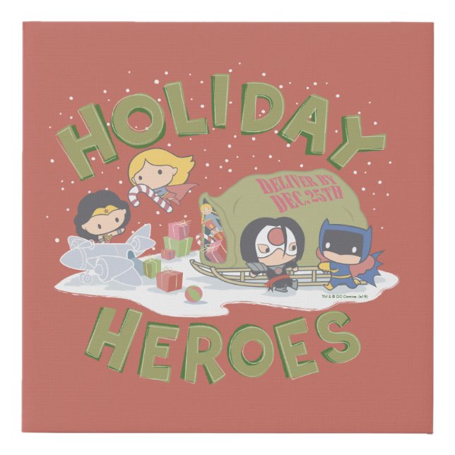 Justice League Chibi Delivering Presents Faux Canvas Print (Front)