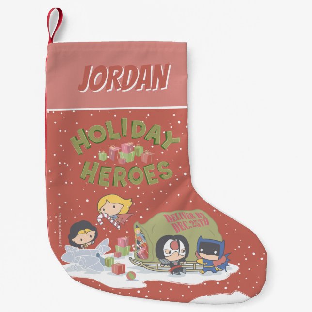 Justice League Chibi Delivering Presents Small Christmas Stocking (Front)