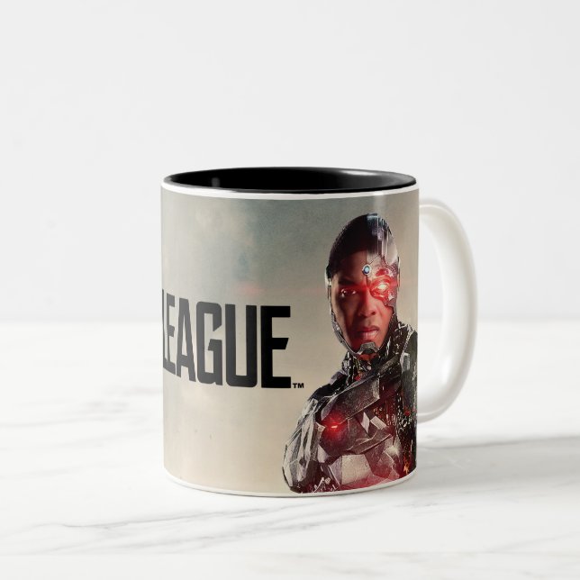 Justice League | Cyborg On Battlefield Two-Tone Coffee Mug (Front Right)