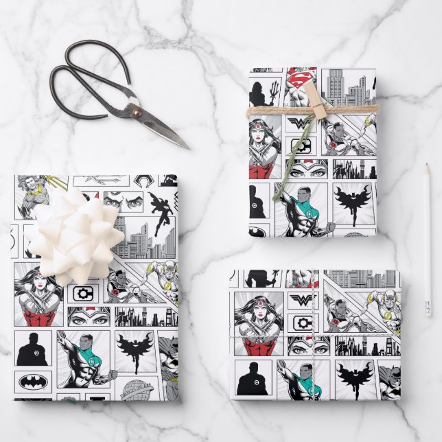 Justice League Heroic Panel Pattern Wrapping Paper Sheets (Front)