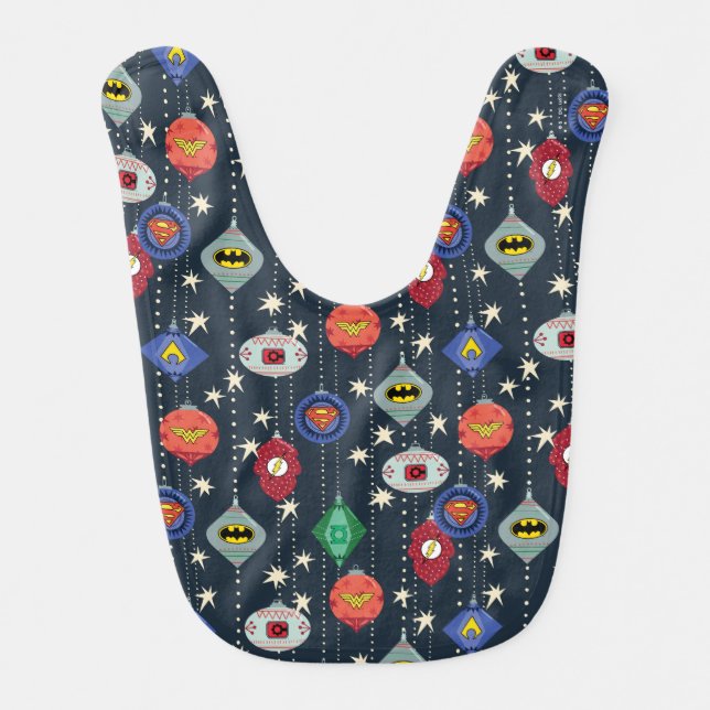 Justice League Holiday Bauble Pattern Baby Bib (Front)
