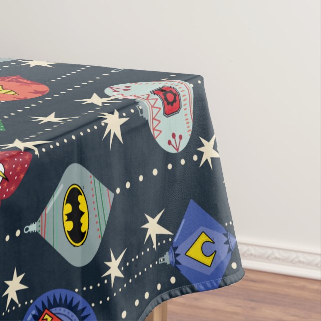 Justice League Holiday Bauble Pattern Tablecloth (In Situ)