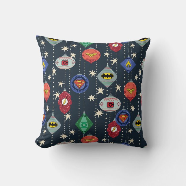 Justice League Holiday Bauble Pattern Throw Pillow (Front)