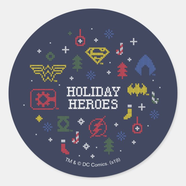 Justice League "Holiday Heroes" Faux Cross-Stitch Classic Round Sticker (Front)