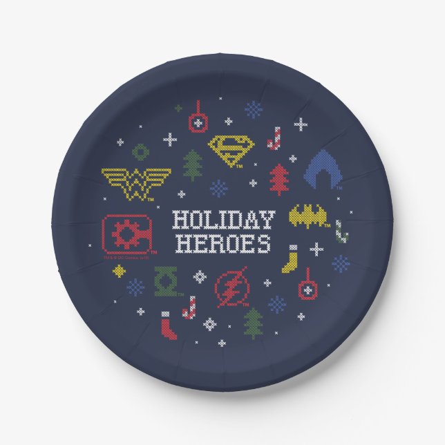 Justice League "Holiday Heroes" Faux Cross-Stitch Paper Plates (Front)