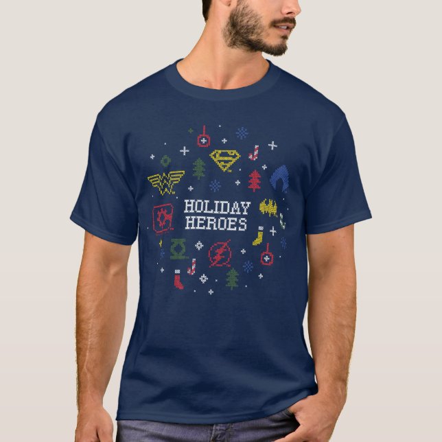 Justice League "Holiday Heroes" Faux Cross-Stitch T-Shirt (Front)