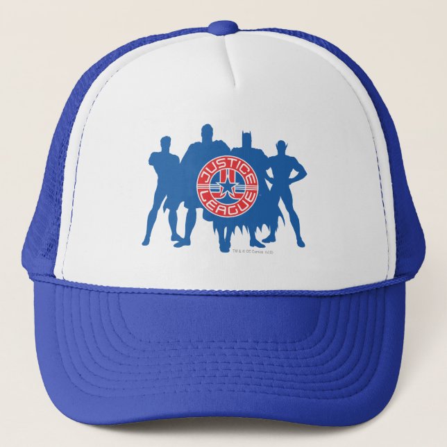 Justice League Logo and Solid Character Background Trucker Hat (Front)