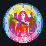 Justice League | Retro Group & Logo Pop Art Large Clock<br><div class="desc">Check out the Justice League outlines in a retro,  CMYK,  lithograph inspired design,  with the Trinity (Wonder Woman,  Batman,  and Superman) in front and in higher detail. The Justice League name logo is written below in a fun,  curly retro style font.</div>