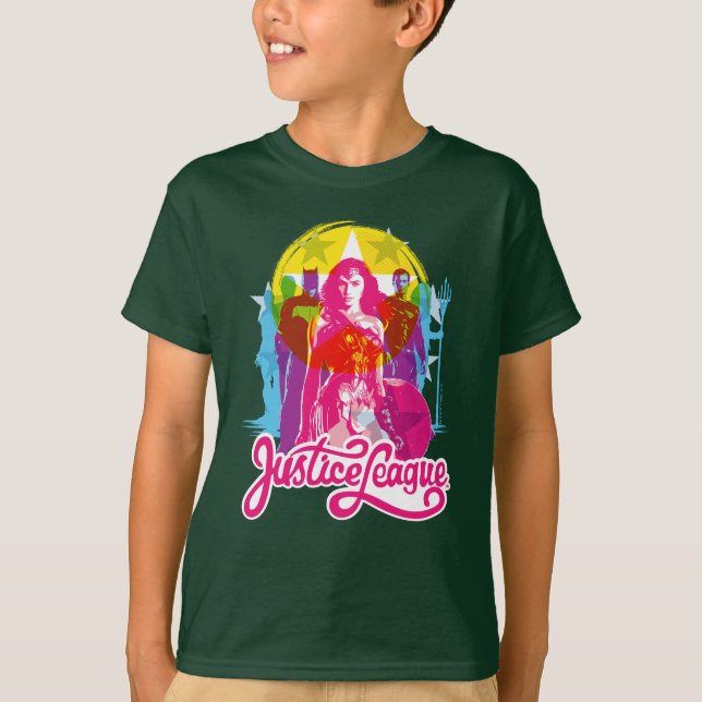 Justice League | Retro Group & Logo Pop Art T-Shirt (Front)