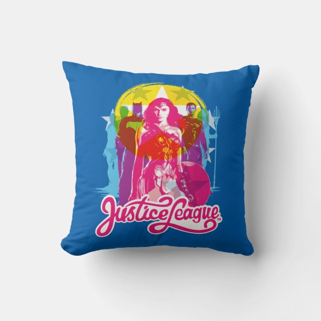 Justice League | Retro Group & Logo Pop Art Throw Pillow (Front)