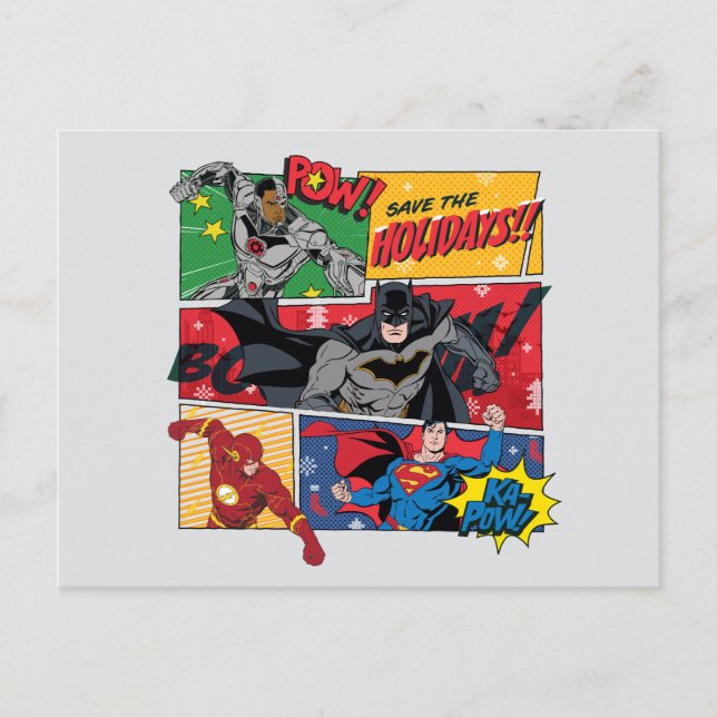 Justice League "Save the Holidays!" Holiday Postcard (Front)