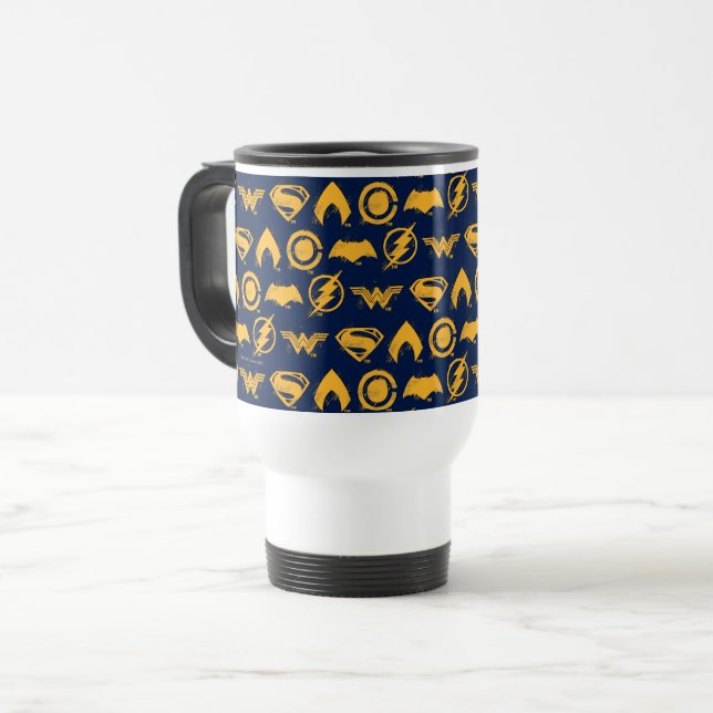 Justice League | Stylized Team Symbols Lineup Travel Mug (Front Left)