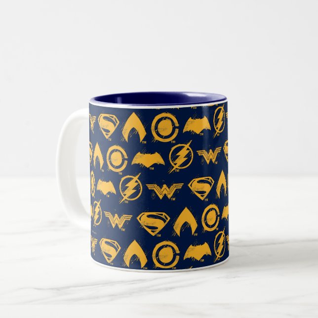 Justice League | Stylized Team Symbols Lineup Two-Tone Coffee Mug (Front Left)