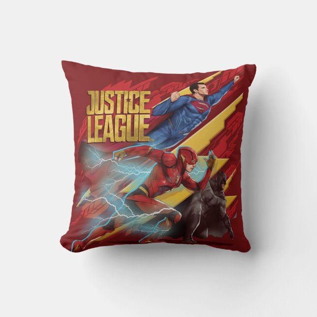 Justice League | Superman, Flash, & Batman Badge Throw Pillow (Front)