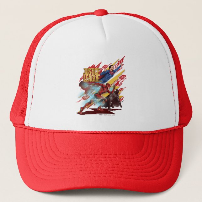 Justice League | Superman, Flash, & Batman Badge Trucker Hat (Front)