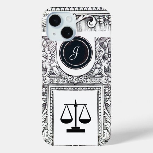 JUSTICE LEGAL OFFICEATTORNEY Monogram Black White iPhone 15 Case