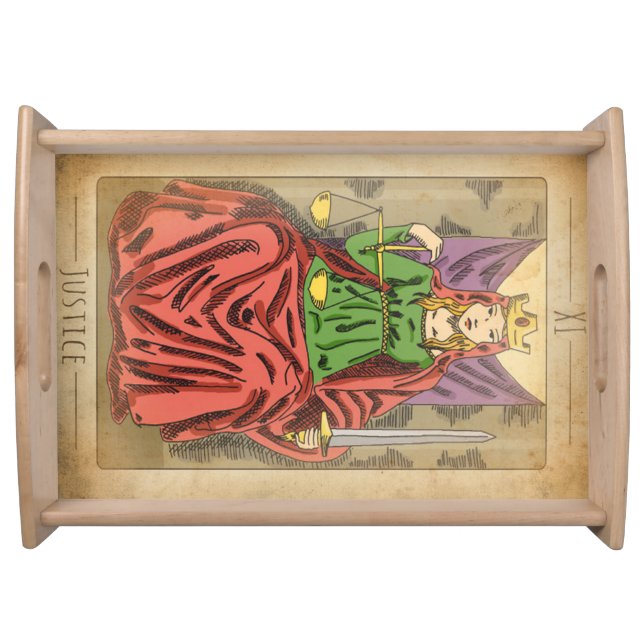 Justice major arcana tarot card scales distressed serving tray (Front)