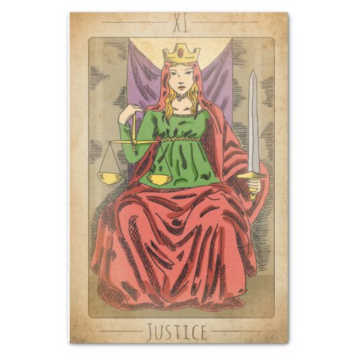 Justice major arcana tarot card scales distressed tissue paper