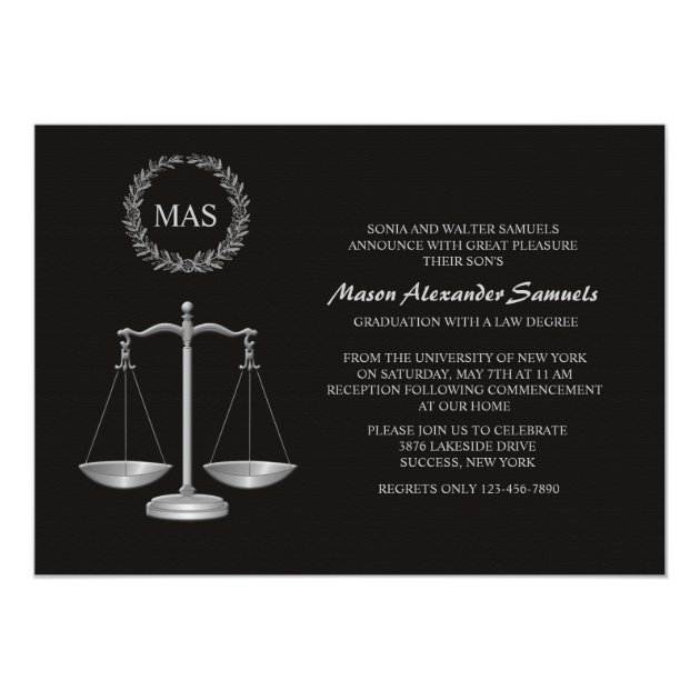 Justice Scale & Wreath Law School Graduation Inv Invitation