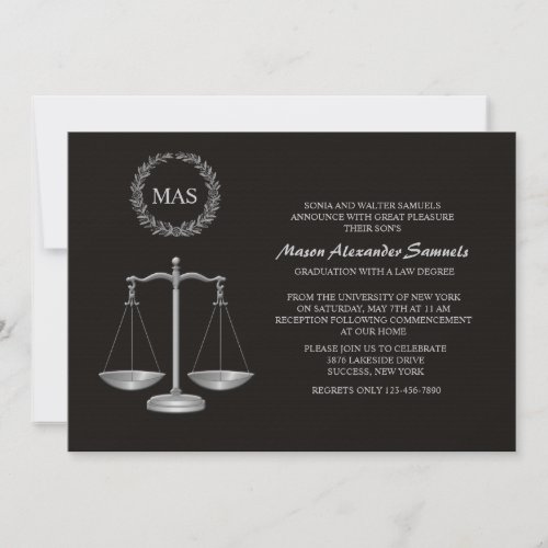 Justice Scale &amp; Wreath Law School Graduation Inv Invitations
