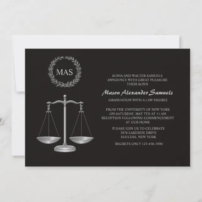Justice Scale & Wreath Law School Graduation Inv Invitation Zazzle