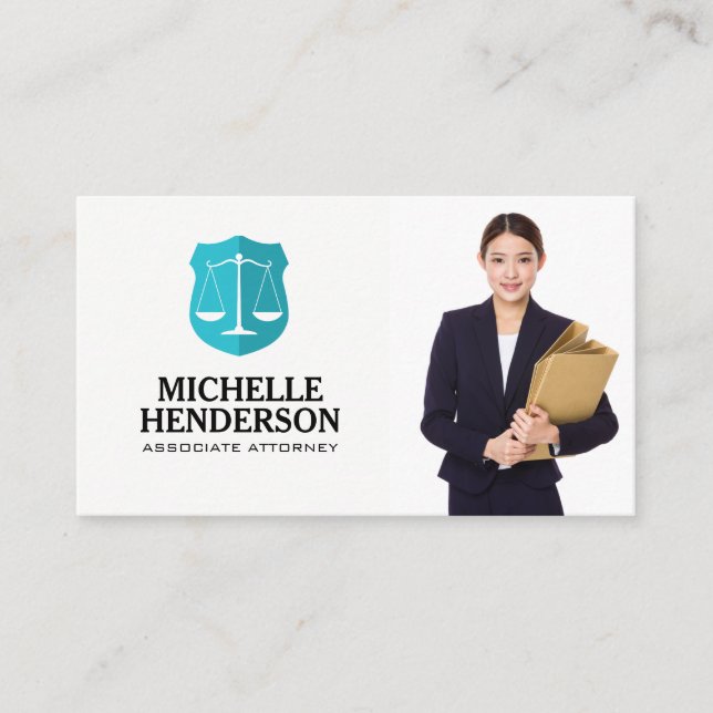 Justice Scales | Business Woman Holding Folders Business Card (Front)
