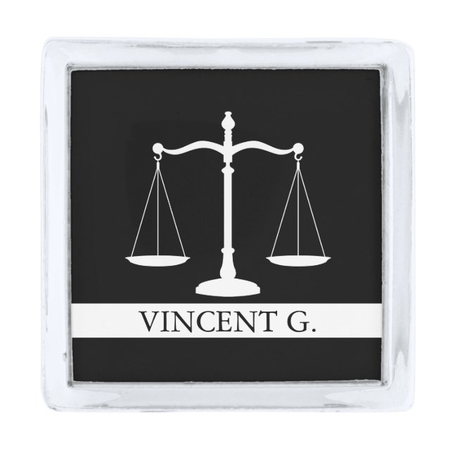 Justice Scales Custom Name Lawyer Silver Finish Lapel Pin (Front)