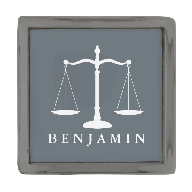 Justice Scales Custom Name Lawyer Slate Grey Gunmetal Finish Lapel Pin (Front)
