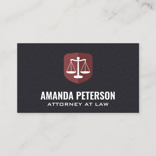 Justice Scales Logo | Law | Leather Background Business Card (Front)