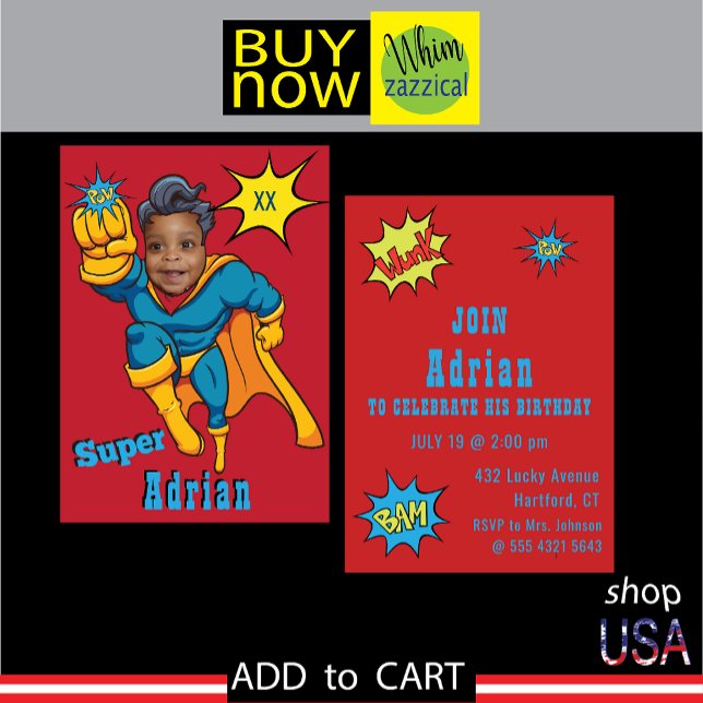 Justice Superhero Photo Template🦸 Birthday Invite ("Superhero-themed birthday card for kids"
"Children's superhero birthday card online"
"Comic book)