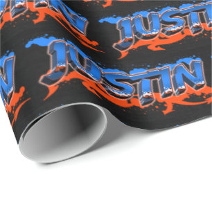 Justin First Name Graffiti blue orange Wrapping Paper