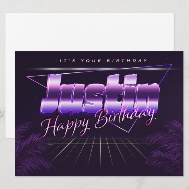Justin last name first name purple retro card birt (Front/Back)
