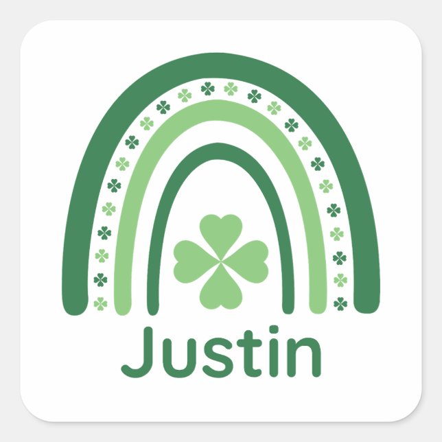 Justin Name Clover Boho Rainbow Square Sticker (Front)