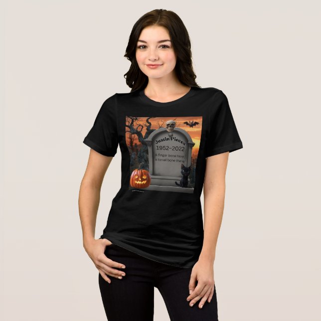 "Justin Pieces" Halloween Headstone Humor Tri-Blend Shirt (Front Full)