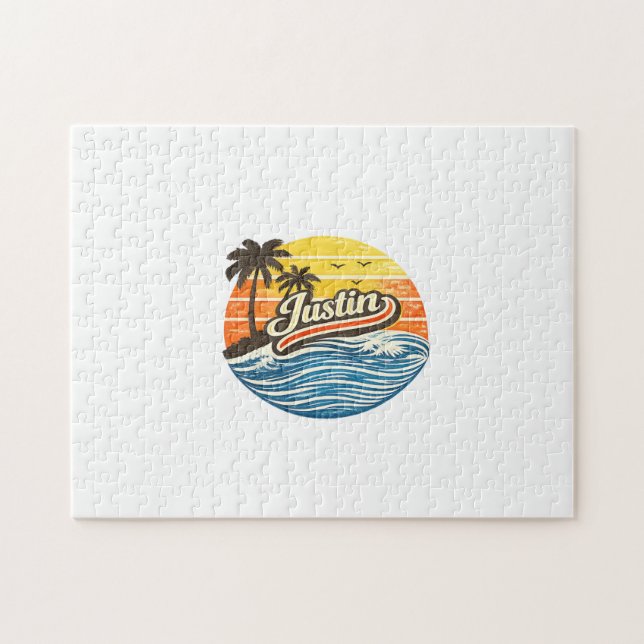 Justin Retro Sunset Name Design Jigsaw Puzzle (Horizontal)