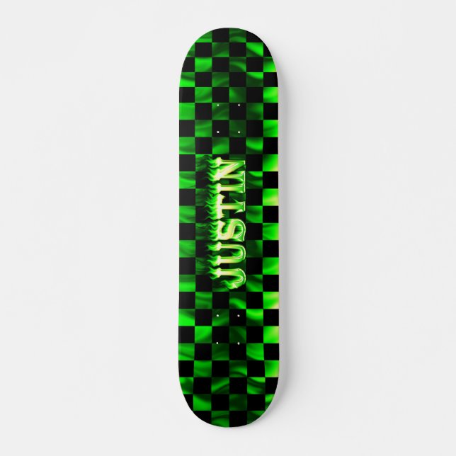 Justin skateboard green fire and flames design deck (Front)